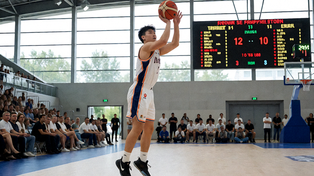 篮球比赛现场球员跳投瞬间,场边观众与记分牌清晰可见